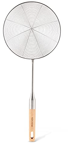 Ken Hom KH515 Ecumoire Araignée en Inox, Ecumoire en Maille Métallique en Acier Inoxydable, 19cm, Poignée en bois / pour soulever les aliments de l'huile chaude / liquide