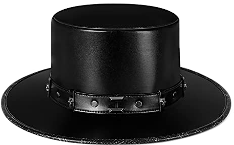 MYBOON Pest-Doktor-Hut PU-Leder-Schwarzer Flacher Zylinder für Halloween-Cosplay