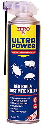 Zero In Ultra Power Bed Bug & Dustmite Killer - 500 ml Dual Action Aerosol Indoor Use Fast-Acting Kills Bed Bugs on Contact and Prevents the Spread of Allergens