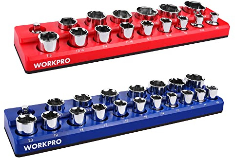 WORKPRO 1,27 cm magnetisches SteckschlüsselOrganizerSet, 2teiliges SAE & metrische magnetische Steckschlüsselhalter, hält 32 Standard und tiefe Stecknüsse für Werkzeugkasten, Werkzeugwagen