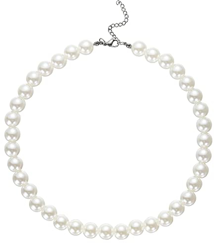 HSWYFCJY Perlenkette Damen Weiß 12mm Runden Perlen Halskette Länge 45cm Faux Perlen kette Choker Halskette für Damen und Mädchen