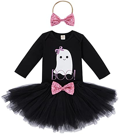 Baby Girls Halloween Costume Pumpkin Ghost Long Sleeve Romper+Tulle Tutu Skrit+Sequin Headband 3pcs Outfit