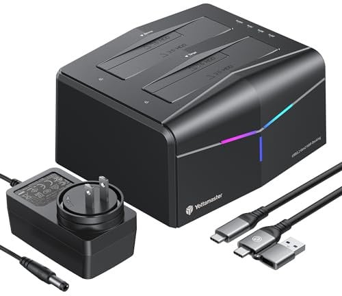 Yottamaster Hard Drive Docking Station Dual Bay USB 3.0 Aluminium Hard Drive Docking Station Offline Cloning for 2.5 & 3.5 Inch SATA HDD SSD with Type A/C Cable (KA200-C)