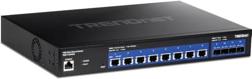 TRENDnet 12-Port 10G Web Smart Switch, 8 x 10G RJ-45 Ports, 4 x SFP+ Slots, VLAN, QoS, LACP, and IPv6 Support, Web Smart Management, Rack Mountable Housing, Black, TEG-7124WS