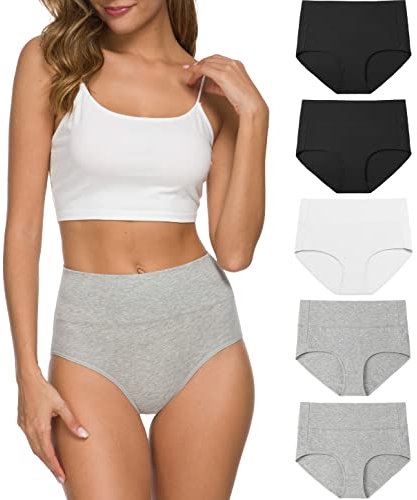 Wealurre Unterhosen Damen Baumwolle Unterwäsche Hohe Taille High Waist Slip Damen Weich Wochenbett Unterwäsche Frauen 5er Pack (1002 B/W/G, L)