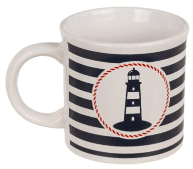 Seaside No.64 - Maritime(r) Tasse/Becher aus Steingut - mit Ankern und Wellen oder gestreift mit Logo - Leuchtturm oder Anker, blau, weiß rot (Tasse gestreift, Leuchtturm)