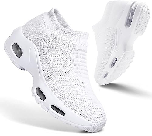 Womens Trainers Ladies Shoes Slip on Casual Air Cushion Sneakers Mesh Breathable Arch Support Walking Shoes(C White,40EU)