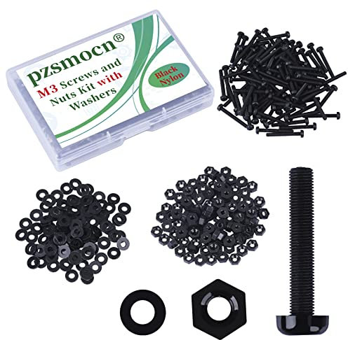 Pzsmocn 300 Stück/100 Sätze M3*25 mm Schwarzes Nylon Kunststoff Kreuzschlitz Rundkopfschrauben-Sechskantmuttern mit Isolierscheibe Standardgröße, für Heimwerker und Elektronische Montage.