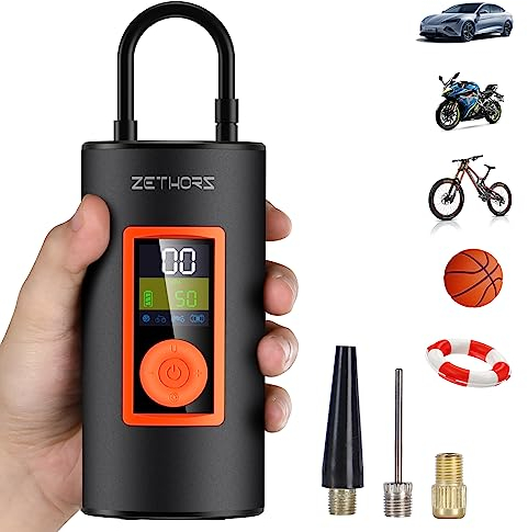 Zethors Mini Compressore Aria Portatile Pompa Elettrica per Bicicletta 150 PSI con Auto-off, Luce LED, Batteria Ricaricabile da 6000mAh, Gonfiatore di Pneumatici per Auto, Bici, Moto, Palloni