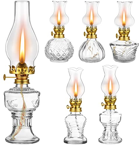 Kittmip 6 Stück Kammer Öllampe für den Innenbereich Klar Dekorative Vintage Glas Petroleumlampe Rustikale Hurrikan Kerosin Laterne für Home Tabletop Decor Notbeleuchtung, 6 Stile