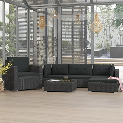 Homgoday Juego de sofás de jardín de 6 piezas con cojines de polirratán negro, tumbonas para tomar el sol, sofá cama, muebles, tumbonas de jardín, tumbonas de piscina exterior/interior piscina