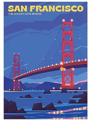 JUNOMI® San Francisco Poster DIN A2 | Wohnzimmer Deko, Modernes Wandbild, USA Poster, Reiseposter, Golden Gate Bridge | Ohne Rahmen