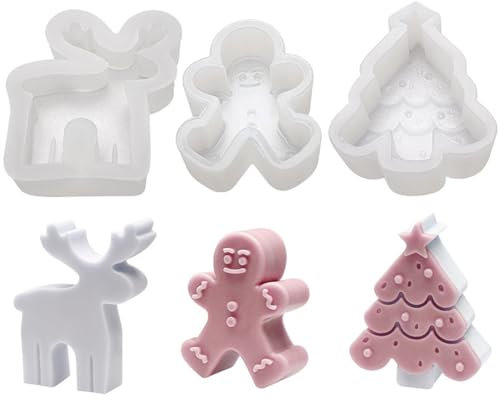Weihnachtsbaum Kerzenform Lebkuchenmann Kerze Silikonform Elch Kerze Silikonform Aroma Kerzenform zum DIY für die Herstellung von Kerzen, Aromasteinen, Schokolade(3 Stück)