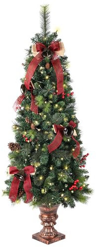 Pre-lit Artificial Christmas Tree 150cm/5ft,Potted Decorated Pine Xmas Tree with LED Lights & 5 Bells & 5 Bow Tie & 8 Red Berry & 4 Pinecone for Indoor Outdoor