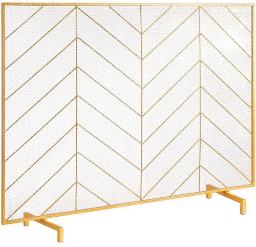 VEVOR Pantalla para Chimenea 1 Panel Salvachispas para Chimenea de Hierro 98x75,8 cm Servicio Pesado Protector contra Chispas Independiente Instalación Simple para Sala de Estar Decoración, Dorado