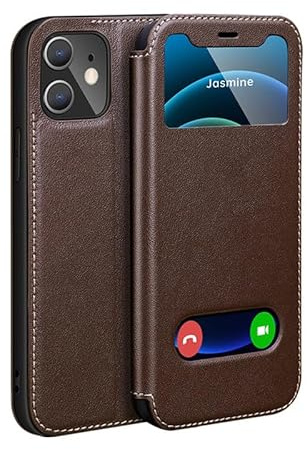 Yidai-Silu iPhone 13 Echtleder Hülle 【Sichtfenster, Standfunktion, Magnetverschluss】 Flip Case Schutz Tasche Etui Handy Cover Schutzhülle für Apple iPhone 13 - Kaffee