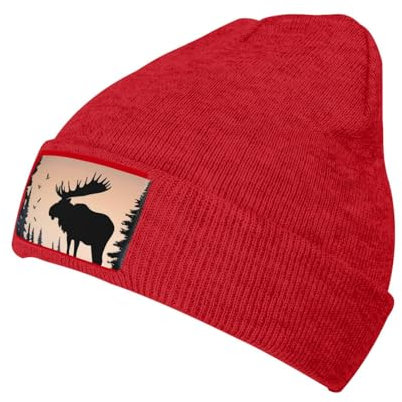 RLDOBOFE Strickmütze für Damen und Herren, Motiv: Elch, Berg, Kiefernbaum, warme Wintermütze, modische Mütze mit Bündchen, Rot/Ausflug, einfarbig (Getaway Solids), Einheitsgr��e