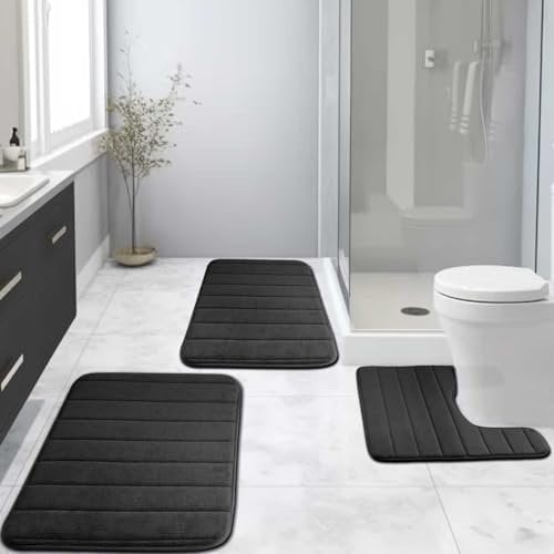 NAKIHOUSE Memory Foam Bath Mat Set, 3 Pieces Bathroom Mat, Bathroom Non-slip Mat, Bath Rug Set Absorbent Water Non-Slip Bath Mat Toilet Rug Bath Rug (Black,40 * 60 + U50*50 + 50 * 80cm)