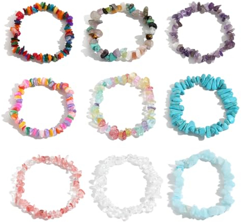 Youery 9 Stücke Kristall Armband, Natürliches Kristall heilsteine armband, Freundschaftsarmband, Armband Damen, Glücksbringer-Geschenk für Mädchen Geburtstags und Weihnachts
