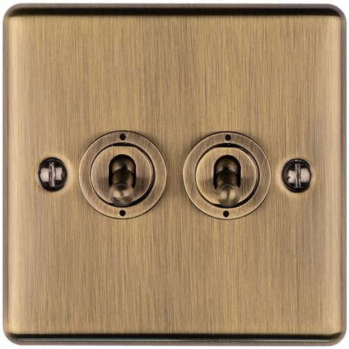 2 Gang Double Retro Toggle Light Switch Antique Brass 10A 2 Way Lever Plate - Classic Vintage Style Flick Lever Wall Plate