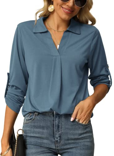Odosalii Womens Casual V Neck Tunic Blouses Rolled Up Sleeve Basic Top Plain Shirts