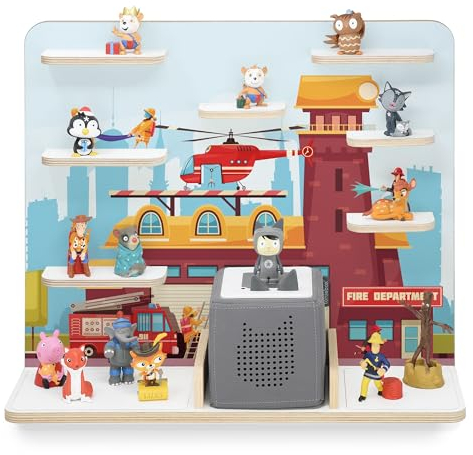 stadtecken Holzregal für Musikbox I Geeignet für die Toniebox und ca. 50 Tonies I Perfekte Tonie Aufbewahrung im Kinderzimmer I Zum Aufstellen oder Aufhängen (Feuerwehr, Groß)