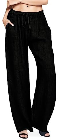 Chnnamzu Pantalon Lin Femme Été Fluide Avec Cordon De Serrage Taille Elastique Léger Confortable De Plage Couleur Unie Casual De Yoga Jambes Larges Ample Coton Et Lin