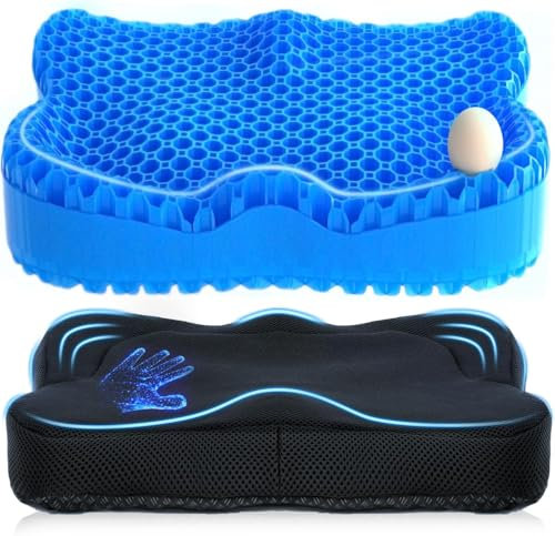 Gel Seat Cushion, Pressure Cushion 2025 Double-Structure Ergonomics Honeycomb Office Chair Soft Sitter Desk Chair Coccyx Sciatica Cushion for Long Sitting Kayak Wheelchair Car Seat Cushions Blue