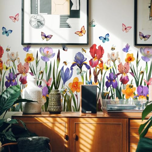 Runtoo Wandtattoo Garten Blumen Schmetterlinge Wandsticker Bunt Blüten Wandaufkleber Wohnzimmer Schlafzimmer Kinderzimmer Babyzimmer Wanddeko