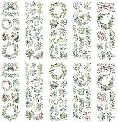 WANDIC 10 Blatt Transfer-Aufkleber, Distress Leaves Decals Bud Flower Aufkleber für DIY Scrapbooking Fotoalben Möbel 30 x 9,9 cm
