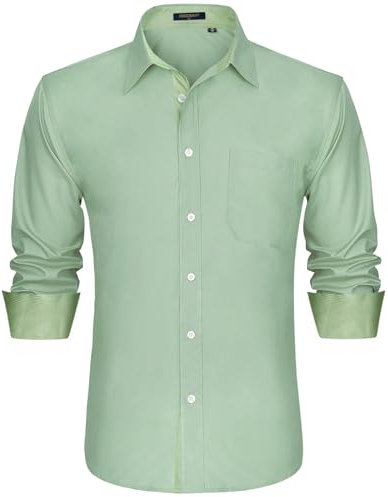 HISDERN Camisa de Vestir Formal de Manga Larga para Hombre, Informal, sin Planchar, clásica, con Bolsillo, Color Verde Salvia 4XL