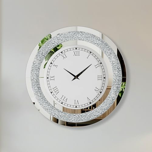 Artloge Wanduhr Groß Modern Deko Kristall Uhren, Wohnzimmer Wanduhren ohne Tickgeräusche Römische Ziffern Batteriebetrieben 60cm Uhren für Wohnzimmer, Schlafzimmer, Küchen Dekoration Silber
