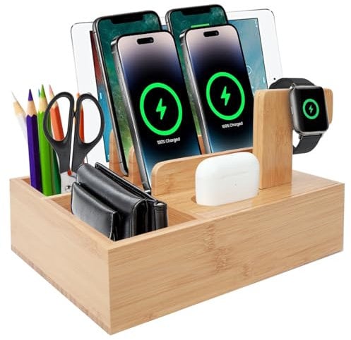 iCozzier Bambus-Telefonhalter, Schreibtisch-Dockingstation mit Schublade, Schlüssel, Geldbörse, Uhr, Holzständer, Betttisch und Schreibtischhalterungen, Tisch-Organizer (4)