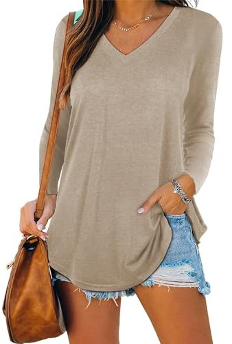 iChunhua Ladies Long Sleeve T Shirt Longline Summer V Neck Tops Blouse Khaki Medium