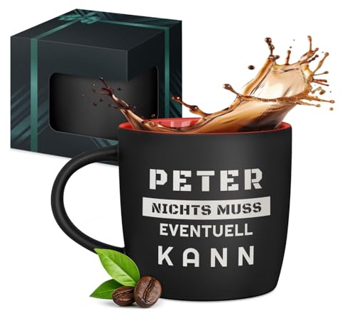 Maverton schwarzer Keramik Kaffeebecher 400ml mit Gravur, Kaffeetasse | Kaffeebecher aus Matt Keramik mit Henkel, Trinkbecher Männer zum Geburtstag zu Weihnachten, matt schwarz, Innen rot, Spruch
