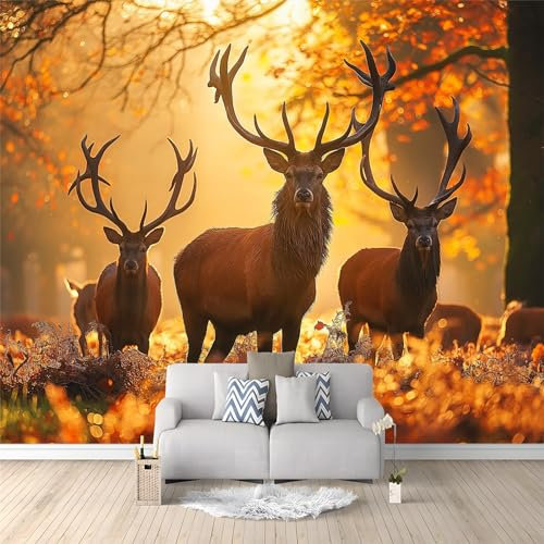 Papier Peint Intissé Photo Mural Cerf des animaux de la forêt au coucher du soleil - Décoration Murale Toison pour Chambre à Coucher - Tableaux Tapisserie Photo - 200 x 140 cm Feuilles d'automne
