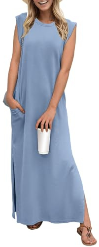 GRECERELLE Robe maxi d'été pour femmes, robes chemises décontractées, styles élégants, robes maxi basiques sans manches pour femmes UK avec fente et poches, bleu jean, S
