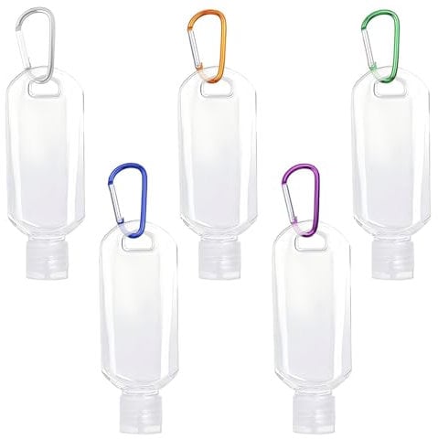 5 Pcs Travel Bottle Set, Clear Refillable Hand Sanitizer Containers with 5 Hooks, 50ml Leakproof Plastic Squeeze Bottles, Portable Flip Cap Bottles for Shampoo Cosmetic Lotion Body Wash School/Work