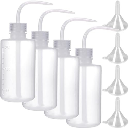 4 Pcs Flacons Souples en Plastique 250 ml avec LDPE Ouverture Etroite Flacon de Lavage de Sécurité avec Pipette étroite Flacons Pissettes en Plastique avec 4 Pièce Entonnoir pour Laboratoire Jardin