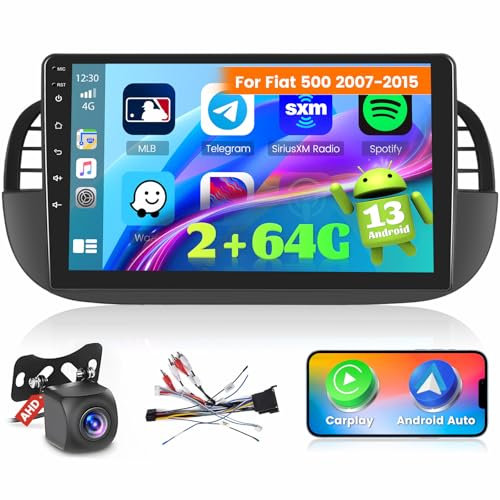 Ohradio 2G+64G per FIAT 500 2007-2015 Stereo Android 15 GPS con Wireless Carplay Android Auto Radio FM/RDS WiFi + Retrocamera + MIC - Autoradio 2DIN 9 Pollici Black