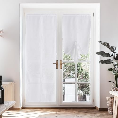 PONY DANCE Tende a Vetro per Porta Finestra con Velcro e Magneti Tenda Bianca Semitrasparenti Effetto Lino Cucina a Vetro Door Curtains 2 Pezzi 70 x 240 CM