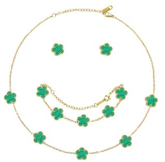 Hanaoops Vierblättriges Kleeblatt Schmuckset für Damen und Mädchen 18 Karat Vergoldet Edelstahl Zweiseitig Anhänger Halskette Ohrstecker Armband Hypoallergenes Glücksklee Emaille-Schmuck Set (Green)