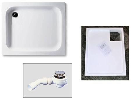 KOMPLETT-PAKET: Duschwanne tief 15cm weiß Acryl + Styroporträger/Wannenträger + Ablaufgarnitur chrom DN 52 / Gesamthöhe ca. 26cm; verschiedene Größen/Deutscher Hersteller (weiß, 90 x 75 cm)