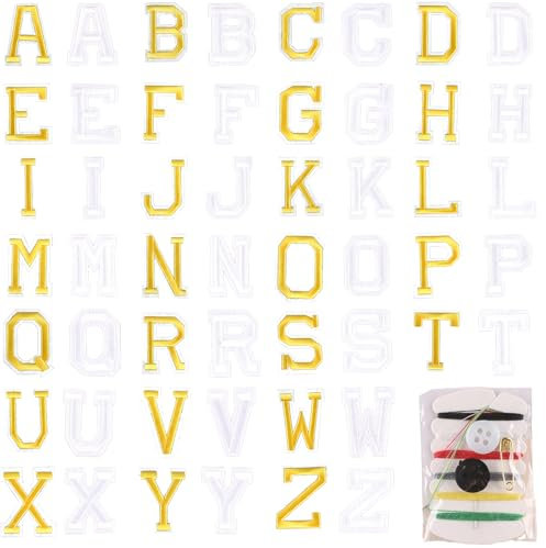 52PCS Iron on Letters, Fabric Letters Patches A-Z, with Needle and Thread Kit, Iron On Letters for Clothes,Shirts, Baseball Caps, Jeans, Hats DIY Accessories (White+Gold)