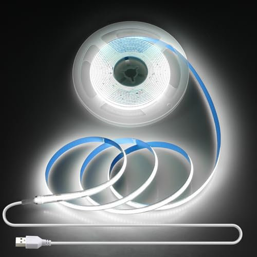 Aclorol COB LED Streifen USB 3M Kaltweiß Flexibel TV LED Beleuchtung 320LEDs/M Hohe Dichte Hell Lichtleiste mit Selbstklebend für Schränke unter Küchenschränken Kleiderschrank Nachttisch Spiegel