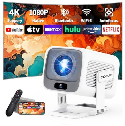 [App Integrada] Proyector Vídeo con WiFi 6 y BT 5.4, 1080P Nativo Mini Proyector Portátil,Proyector Inteligente con Autofocus y Corrección Trapezoidal Automática,para TV Stick/USB/PC/Laptop,Blanco