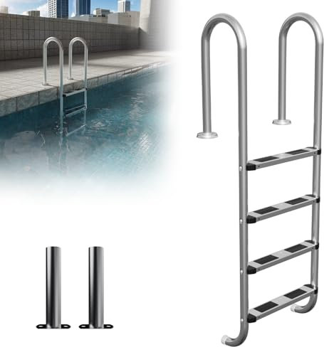 ACXIN Escalera de piscina de acero inoxidable con 4 peldaños, 157 x 54 x 26,5 cm, color plateado, antideslizante, para piscina y piscina, soporta hasta 150 kg