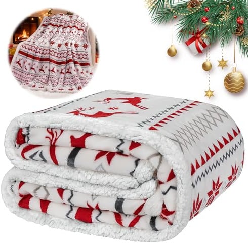 Fancysky Coperte Flanella di Natale, 152x127cm, Doppio Strato, Coperta Decorativa per Divano Letto, con Alce e Fiocchi di Neve, Adatto per Decorazioni Natalizie, Regali, Divani, Pisolini