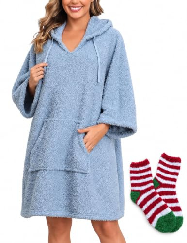Viakeo Damen Bademantel Tragbare Decken Oversized Badeponcho Fleece Hoodie Sweatshirts Weicher Nachtkleid mit Taschen