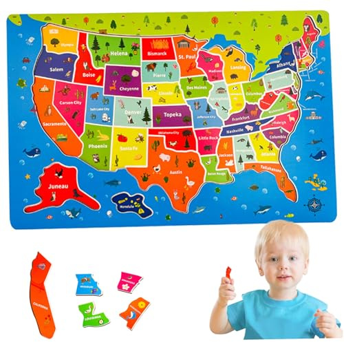 United States Puzzle, 43x28.5cm 45 Pieces Wooden Magnetic USA Map Puzzle for Kids, US Maps Puzzles for Adults Kids